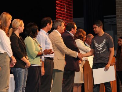 LBJ Infrastructure Group CEO Antonio Alvarez-Cedron, along with other LBJ Express leaders, congratulates R.L. Turner students for their achievements in math and science.