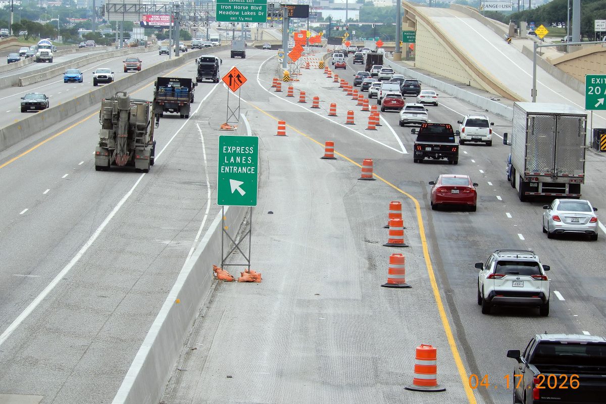 Construction cones along NTE 820 TEXpress Lanes in April 2026.