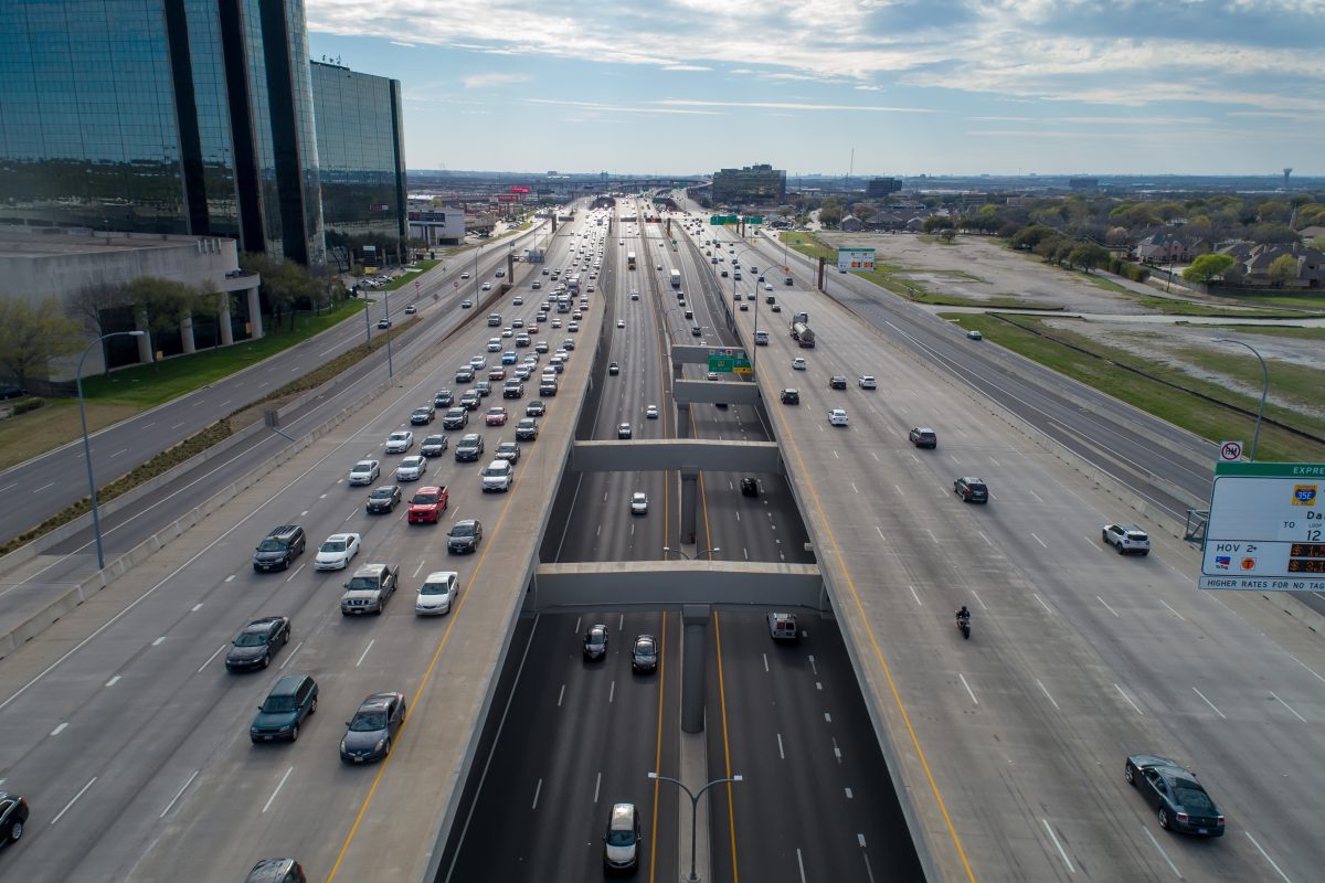 A photo of the LBJ TEXpress Lanes, showcasing the highway's cantilevered design.